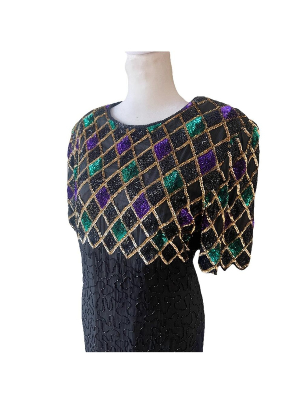 Vtg 80s Laurence Kazar Colored Checkerboard Beaded Sequin 100% Silk Gown PL